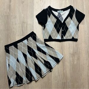 Almost Famous Y2K Argyle Patterned 2 Piece Set with Pleated Skirt